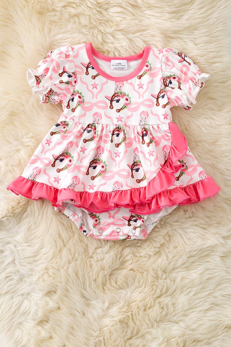 Horseshoe printed baby bodysuit dress with fuchsia ruffle hem.
