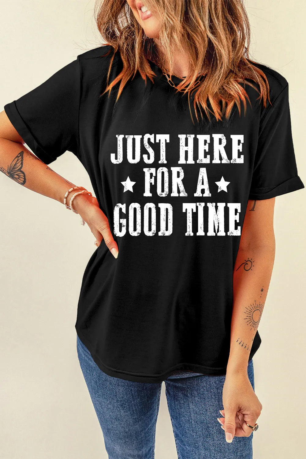 Letter Graphic Round Neck Short Sleeve T-Shirt featuring bold lettering on a black fabric.