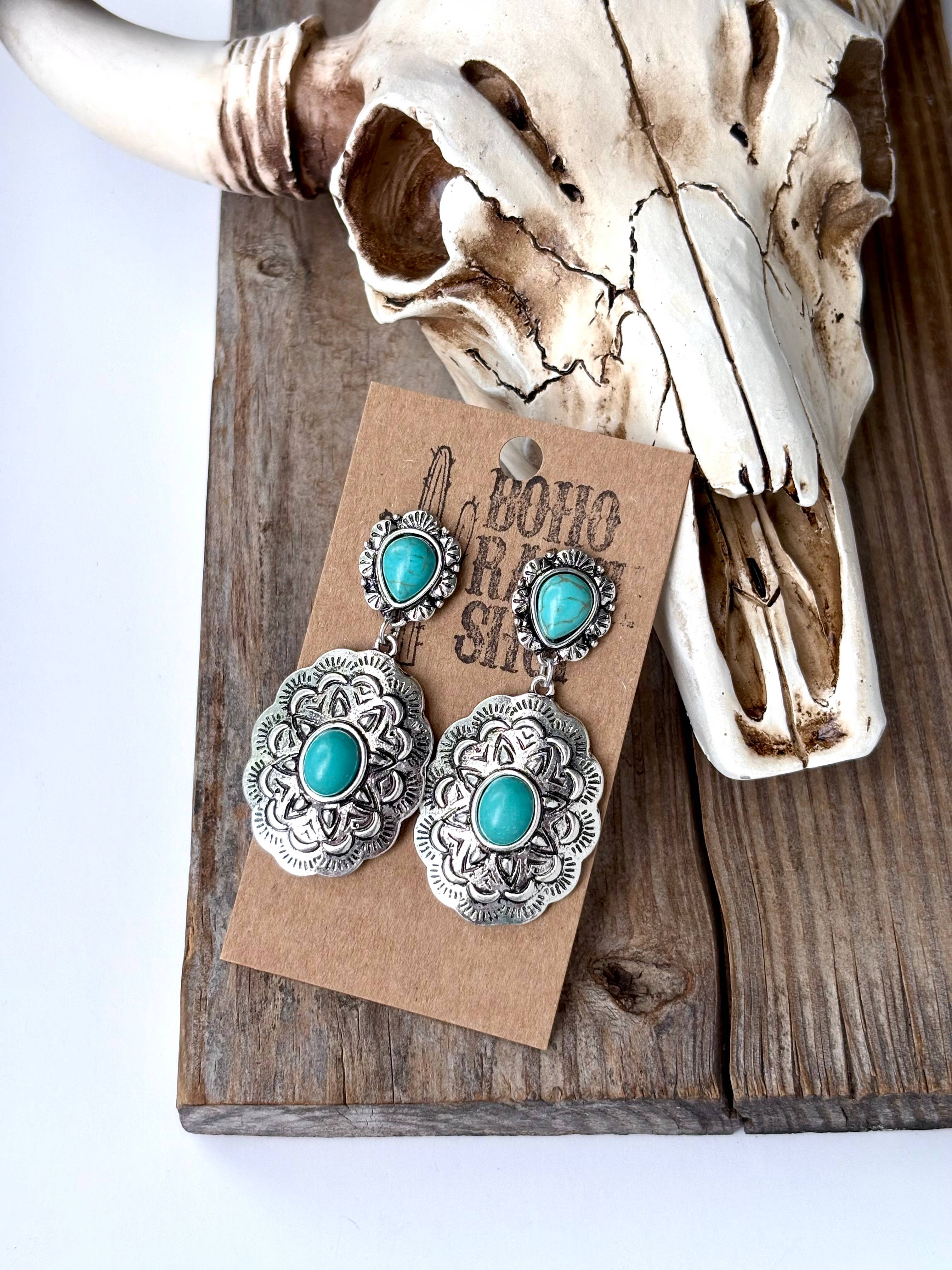 Western Concho Turquoise Stone Post Drop Earrings