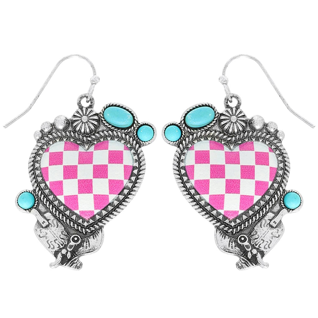 Western Turquoise Checkered Heart Earrings