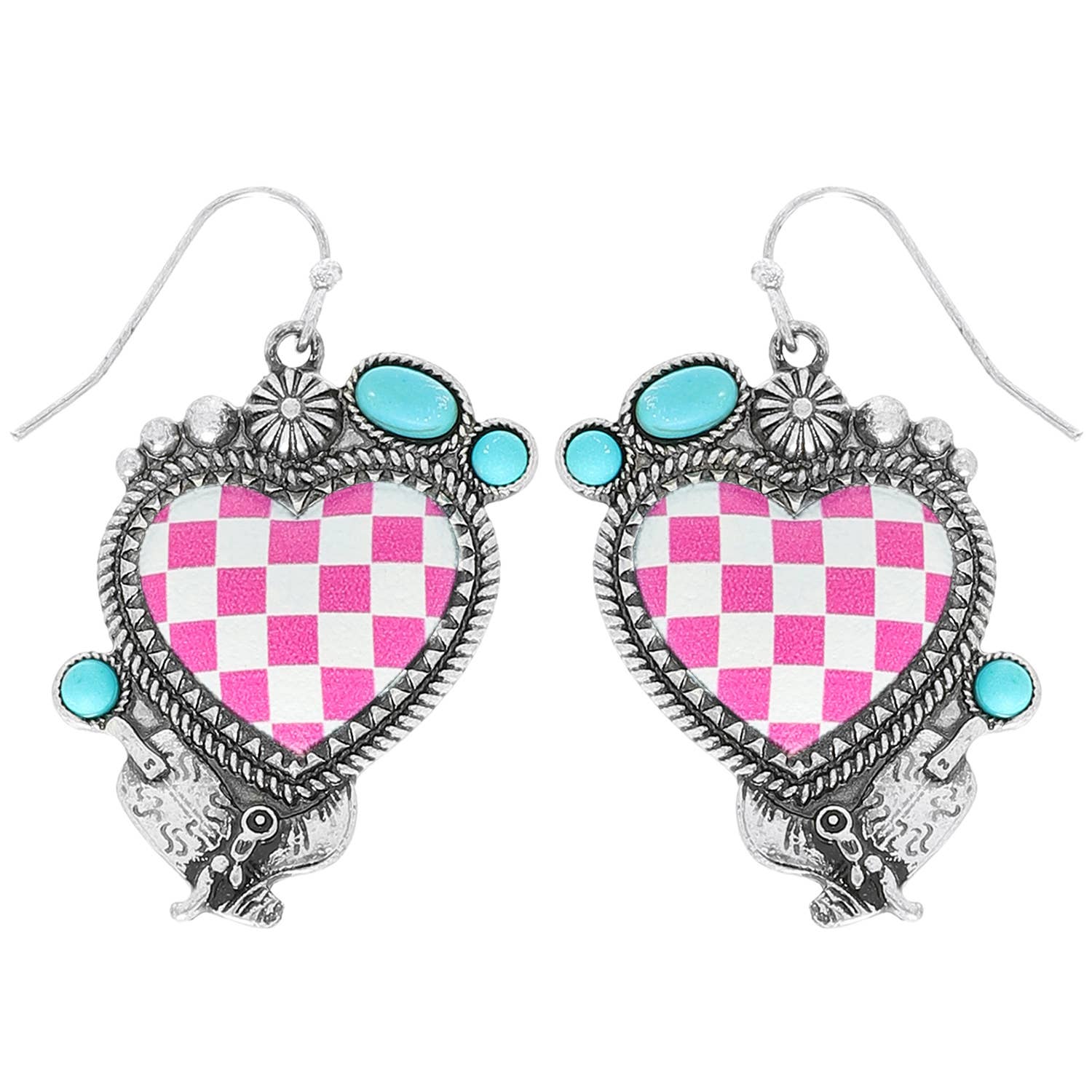Western Turquoise Checkered Heart Earrings