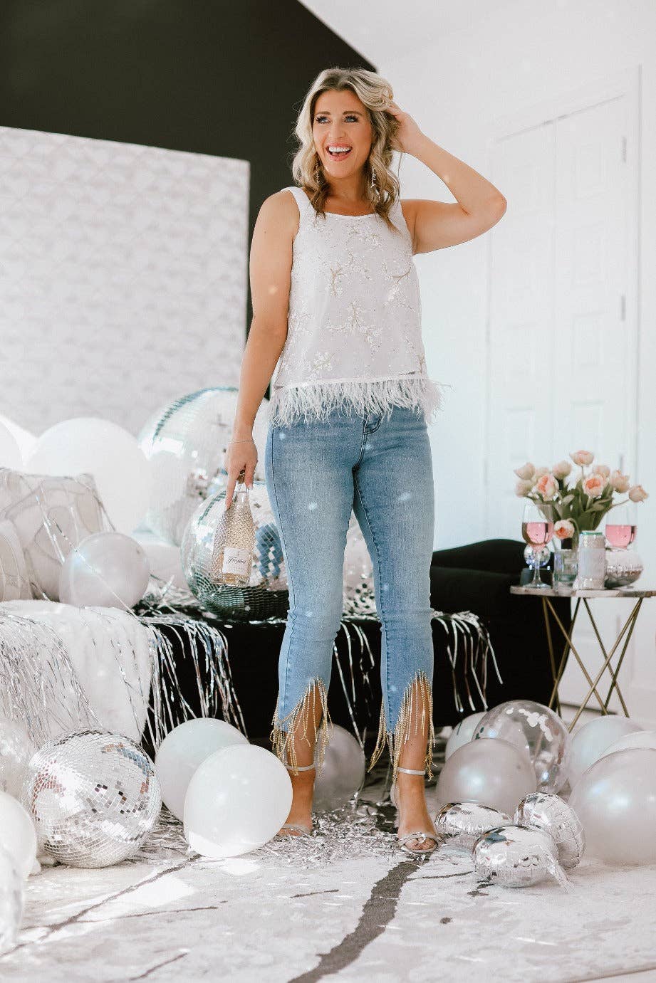 Shimmy and Shake Sequin Floral Crop with Feather Trim