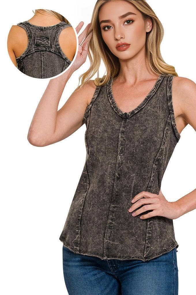 `.Washed Raw Edge V Neck Sleeveless Top