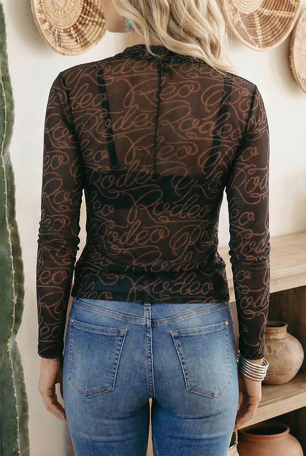Western Rodeo Printed Mock Neck Long Sleeve Mesh Top