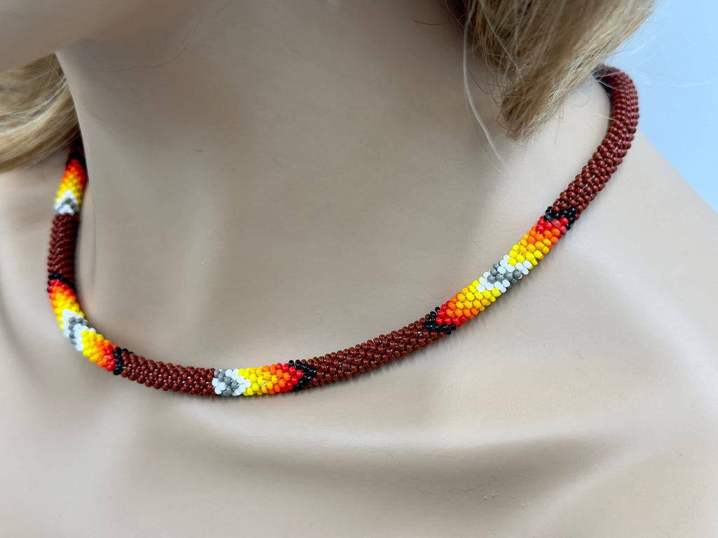 Handmade Native Style Beaded Rope Necklace - Brown Woven