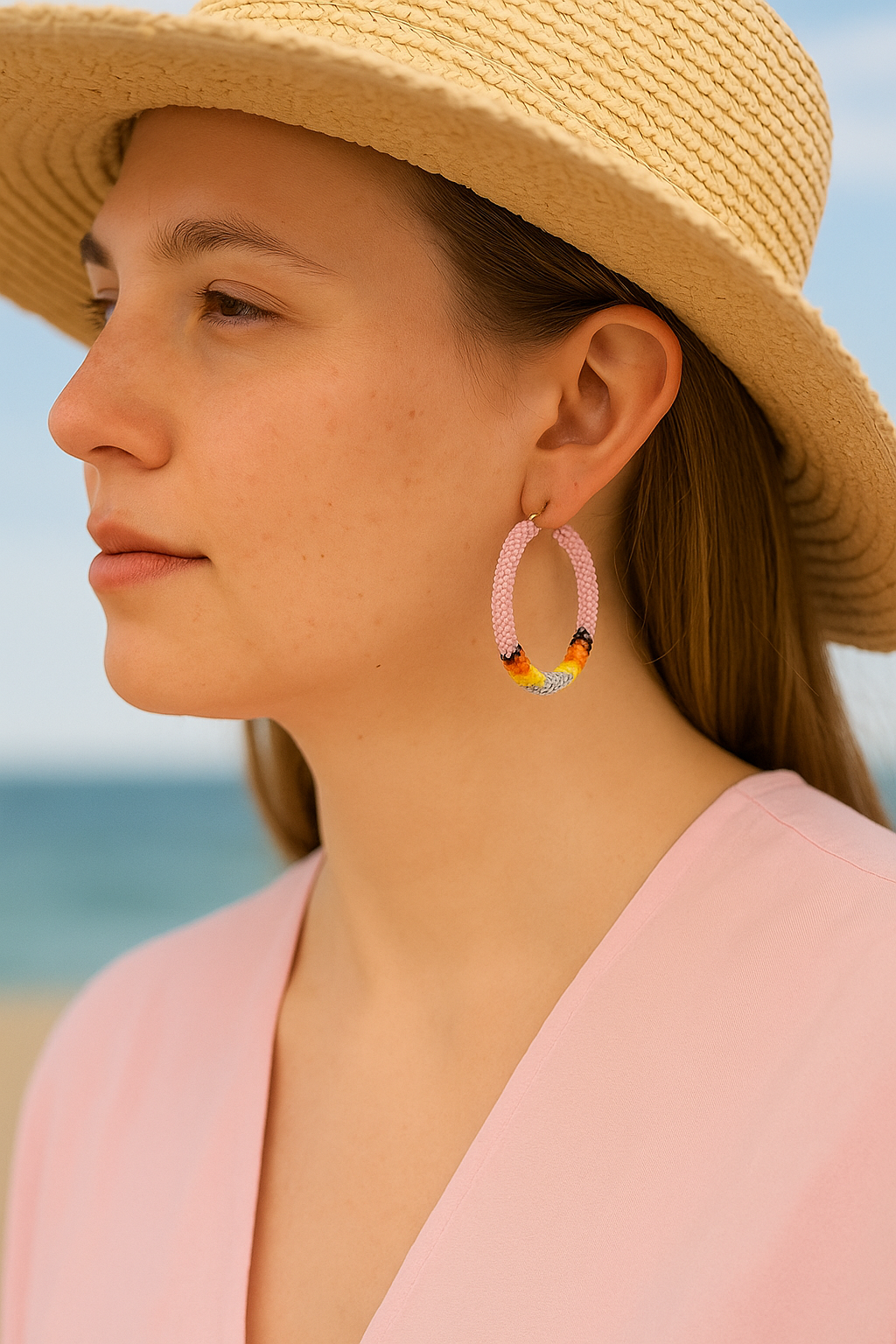 Handmade Pink Multicolor Native-Style Hoop Earrings 2”