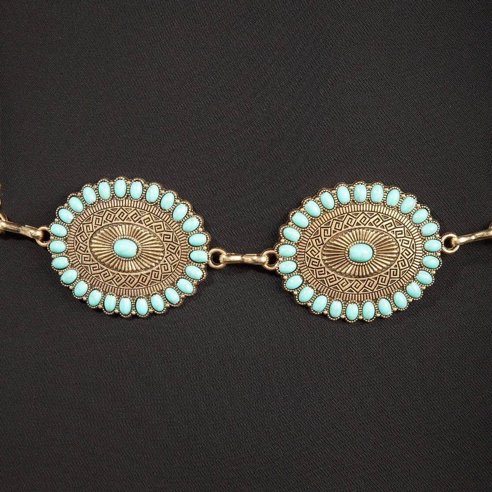 Western Mini Turquoise Stud Oval Concho Chain Belt