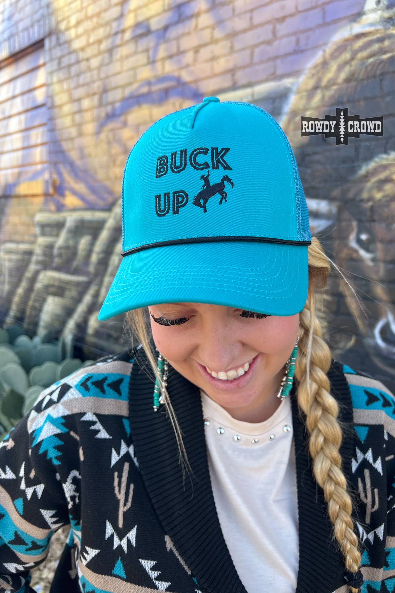 Teal Buck Up Cap featuring embroidered design, perfect for stylish outfits and positive vibes.