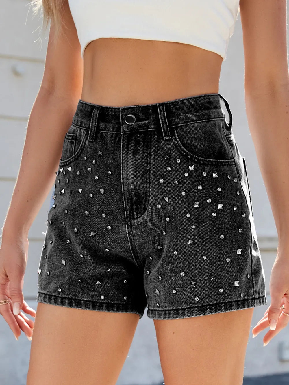 Rhinestone Washed High Waist Denim Shorts featuring intricate rhinestone detailing and a flattering silhouette.