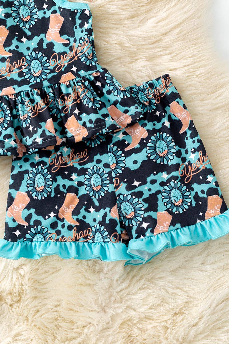 Concho & western printed boot ruffle tunic and shorts.