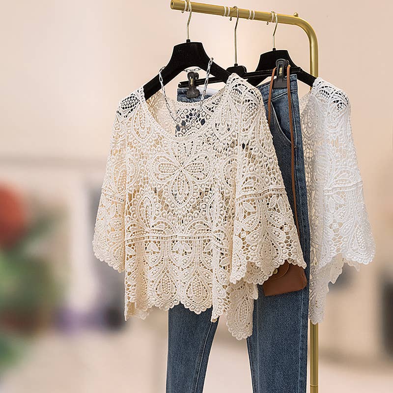 Bohemia Crochet Lace bell flare sleeve tee top cover up