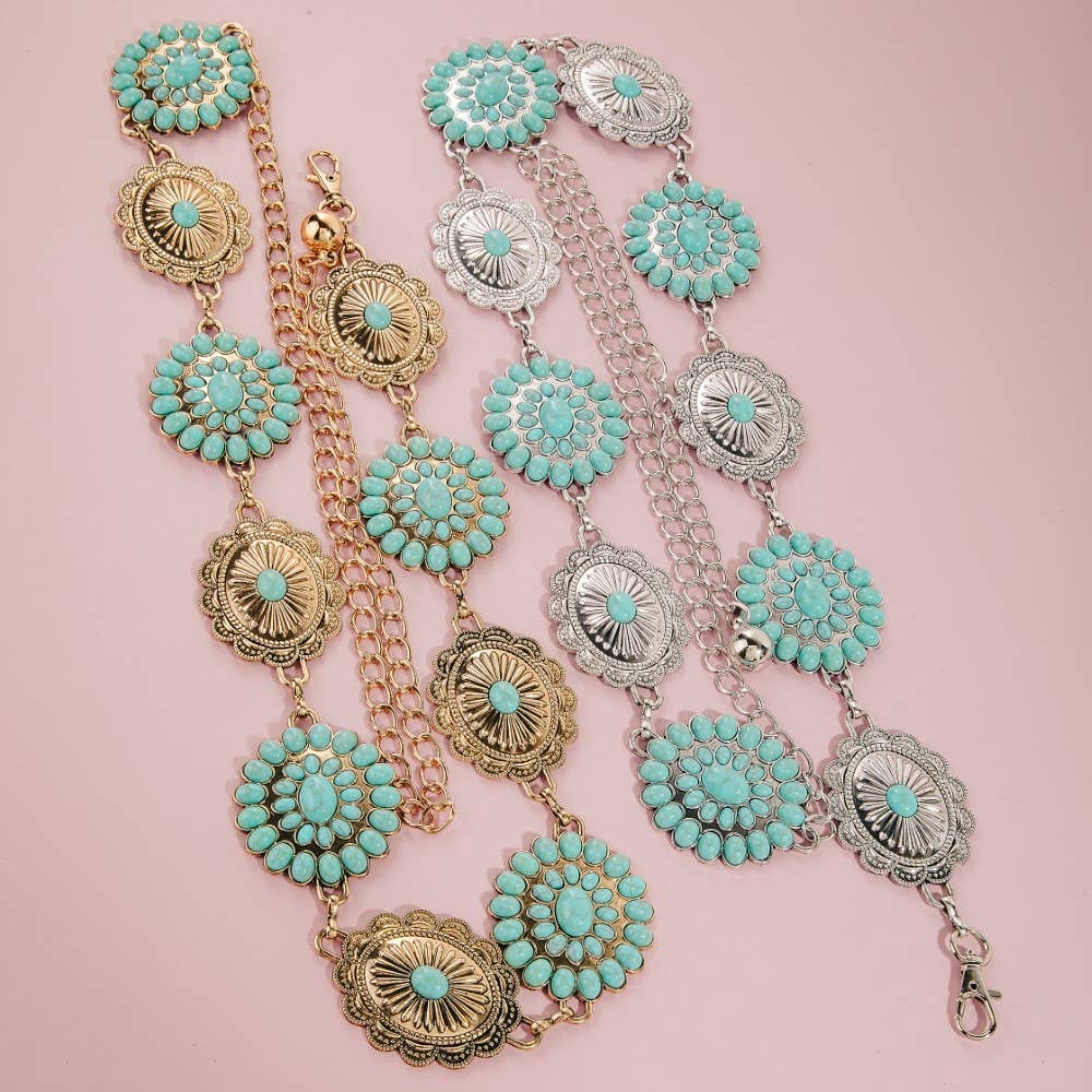 Abstract Oval Western Turquoise Concho Chain Belt