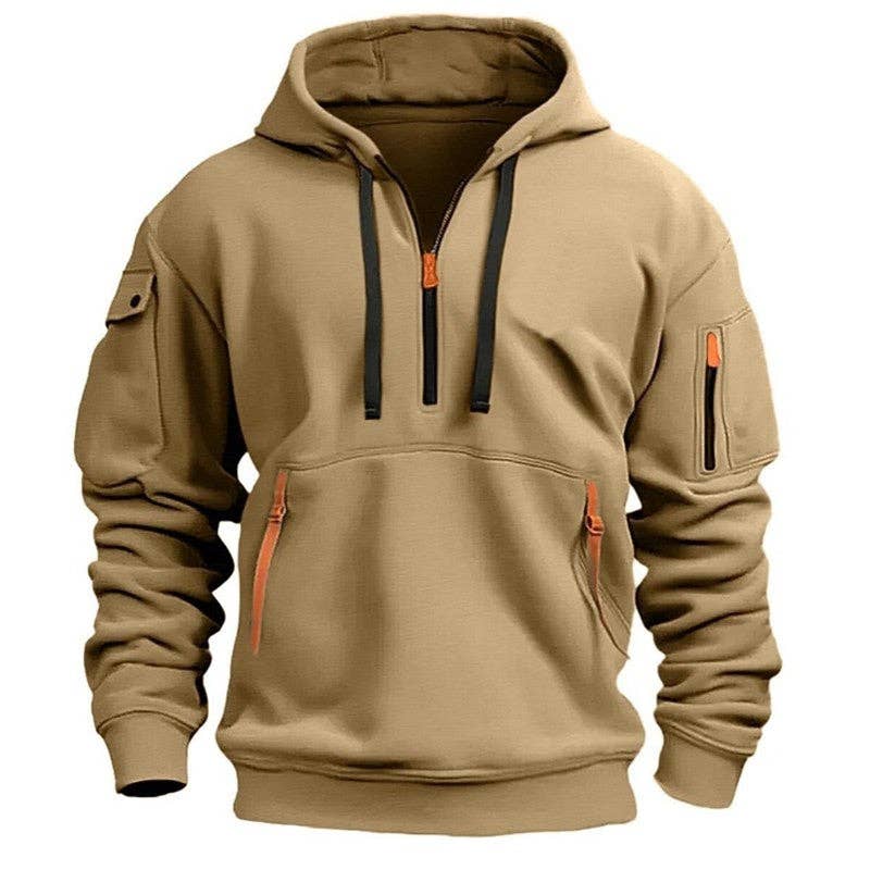 Men's Hooded Zip-Up Sweatshirt With Pockets Jacket in beige color, featuring practical pockets and comfortable fit.