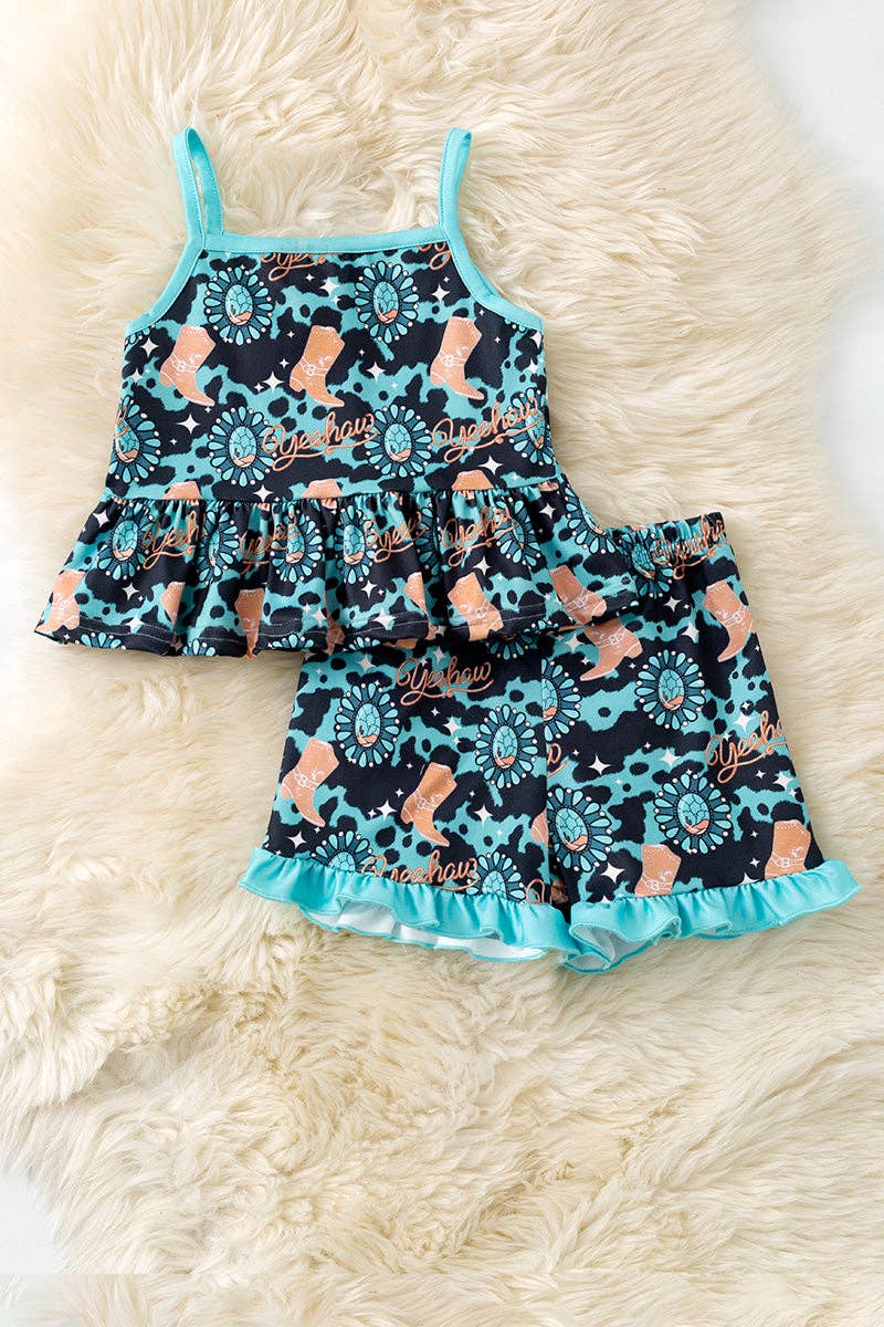 Concho & western printed boot ruffle tunic and shorts.