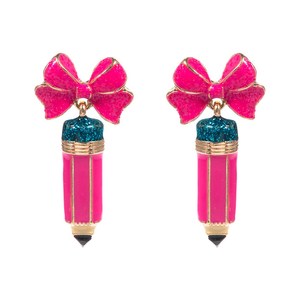 Enamel Bow Pencil Dangle Earrings